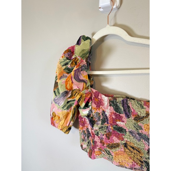 ZARA • One Shoulder Smocked Floral Puff Sleeve Boho Crop Top XS - Picture 4 of 7